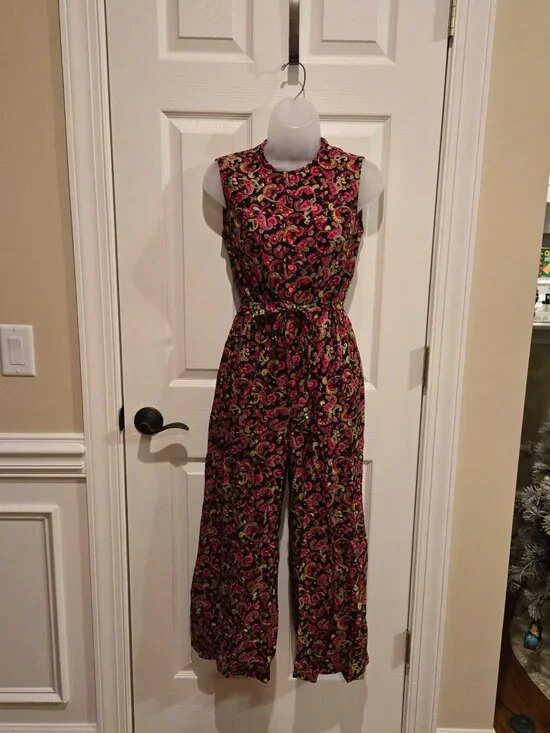 Vintage 1960s Pink & Green Paisley Sleeveless Jumpsuit Size Small - Picture 5 of 13